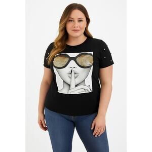 PESION Short Sleeve T-Shirt Sequined Tops O-Neck Funny Black Size - XL